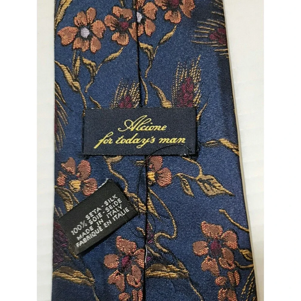 Alcione for Today's Man Silk Tie 4"x57.5" Navy Blue Floral Made in Italy - Picture 5 of 6